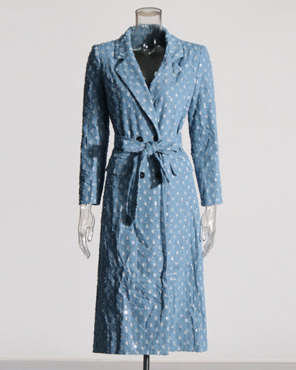 Blue Sequin Hollow Out Trench Coat with Tie Waist