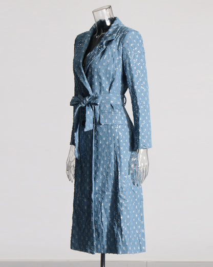 Blue Sequin Hollow Out Trench Coat with Tie Waist