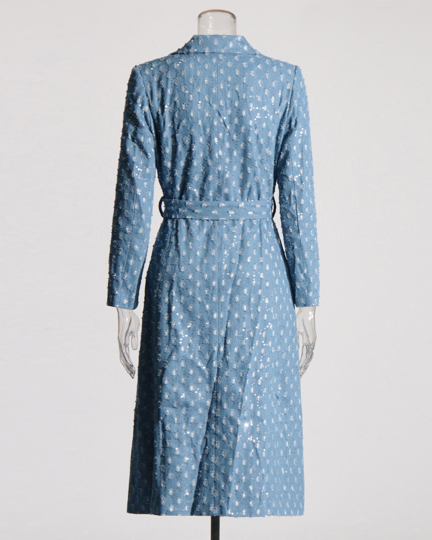 Blue Sequin Hollow Out Trench Coat with Tie Waist