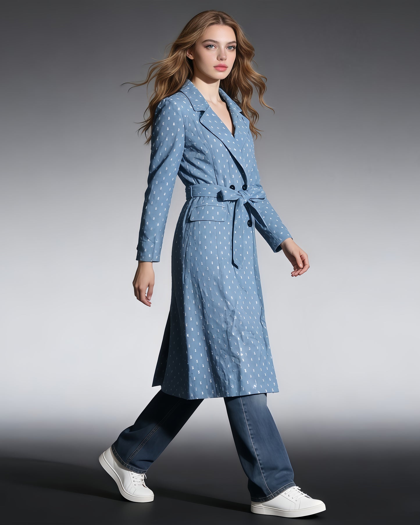 Blue Sequin Hollow Out Trench Coat with Tie Waist