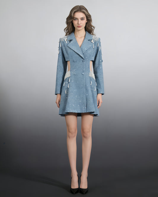 Blue Sequin & Pearl Cutout Blazer Dress