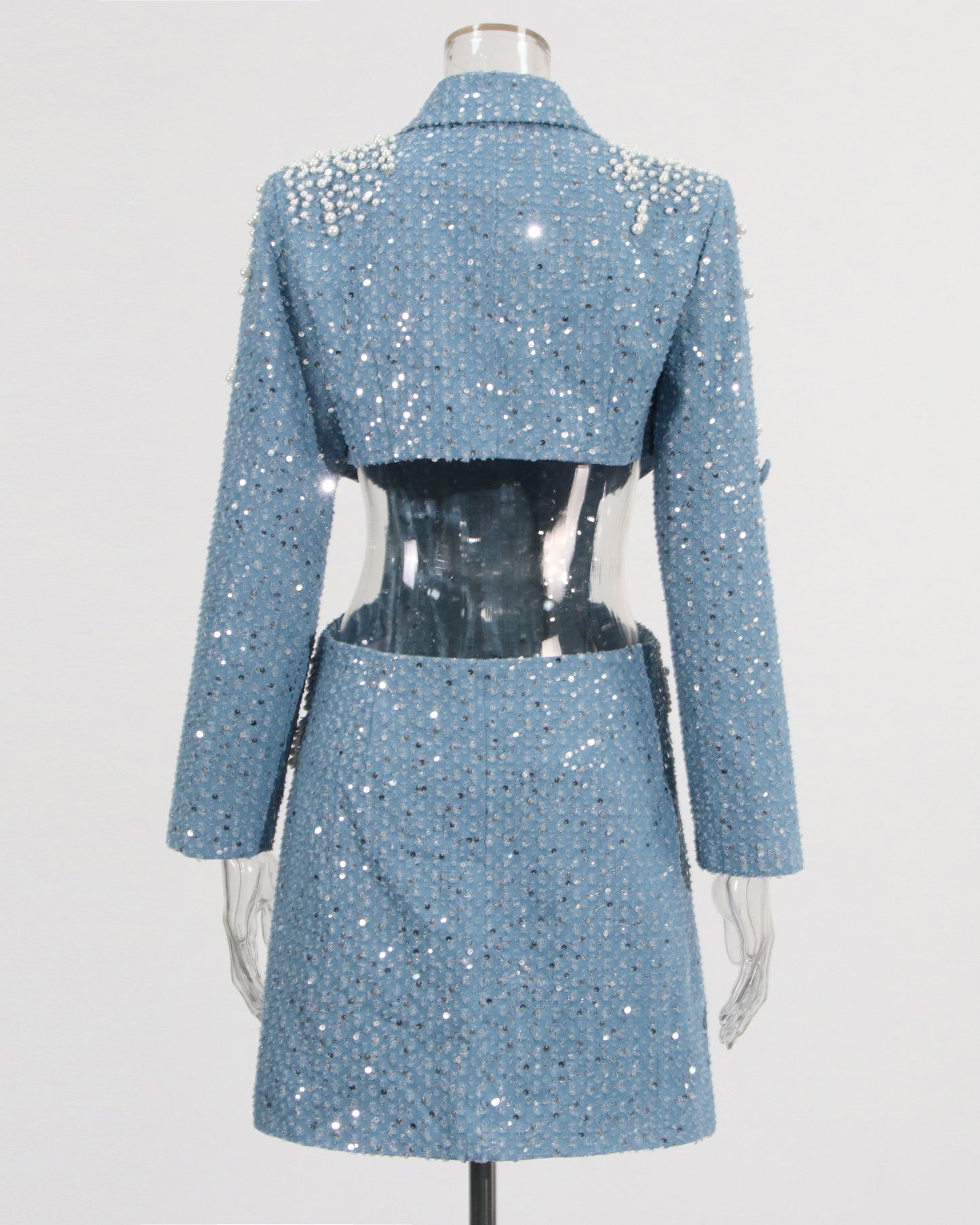 Blue Sequin & Pearl Cutout Blazer Dress