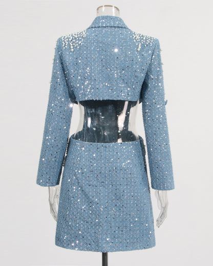 Blue Sequin & Pearl Cutout Blazer Dress