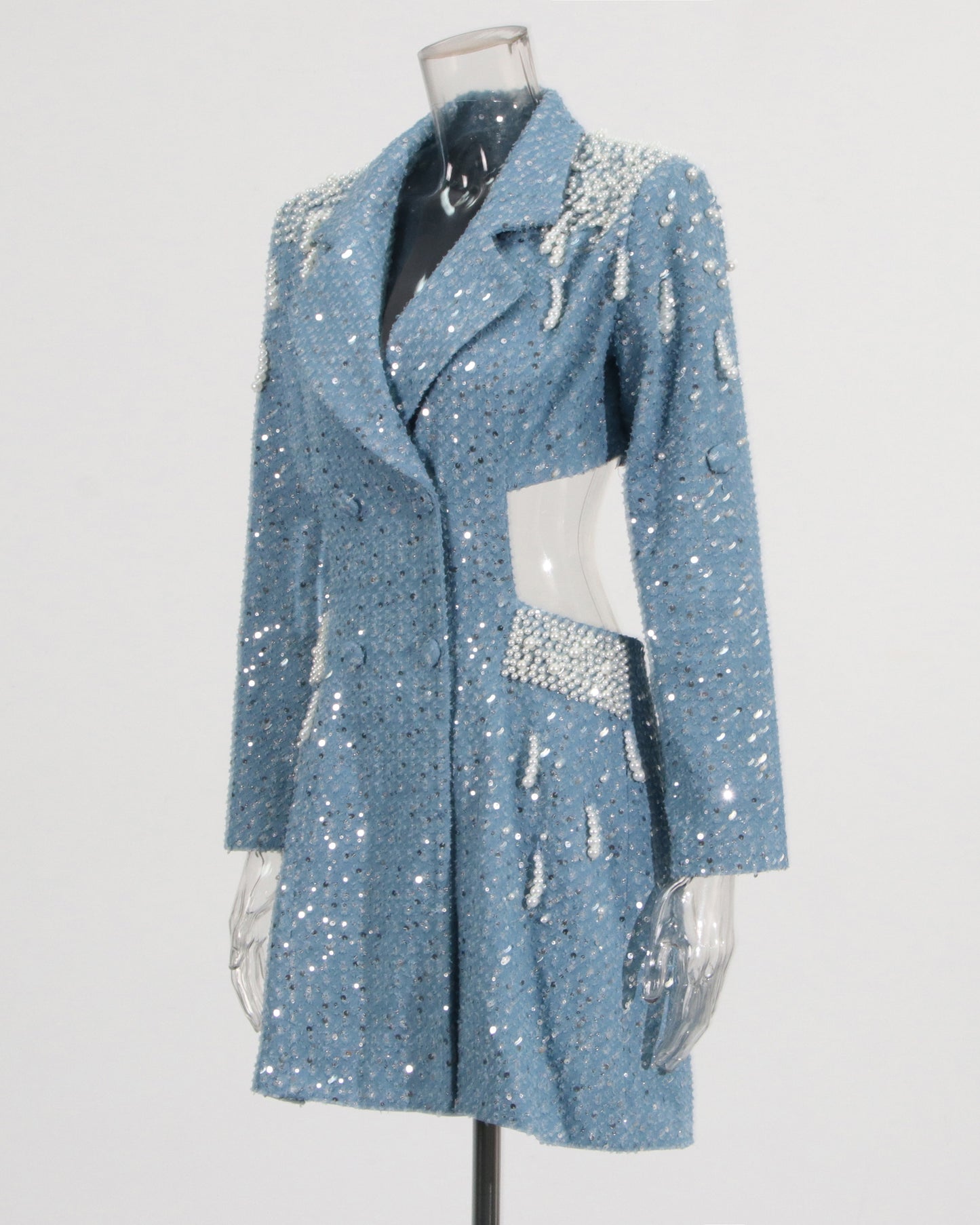 Blue Sequin & Pearl Cutout Blazer Dress