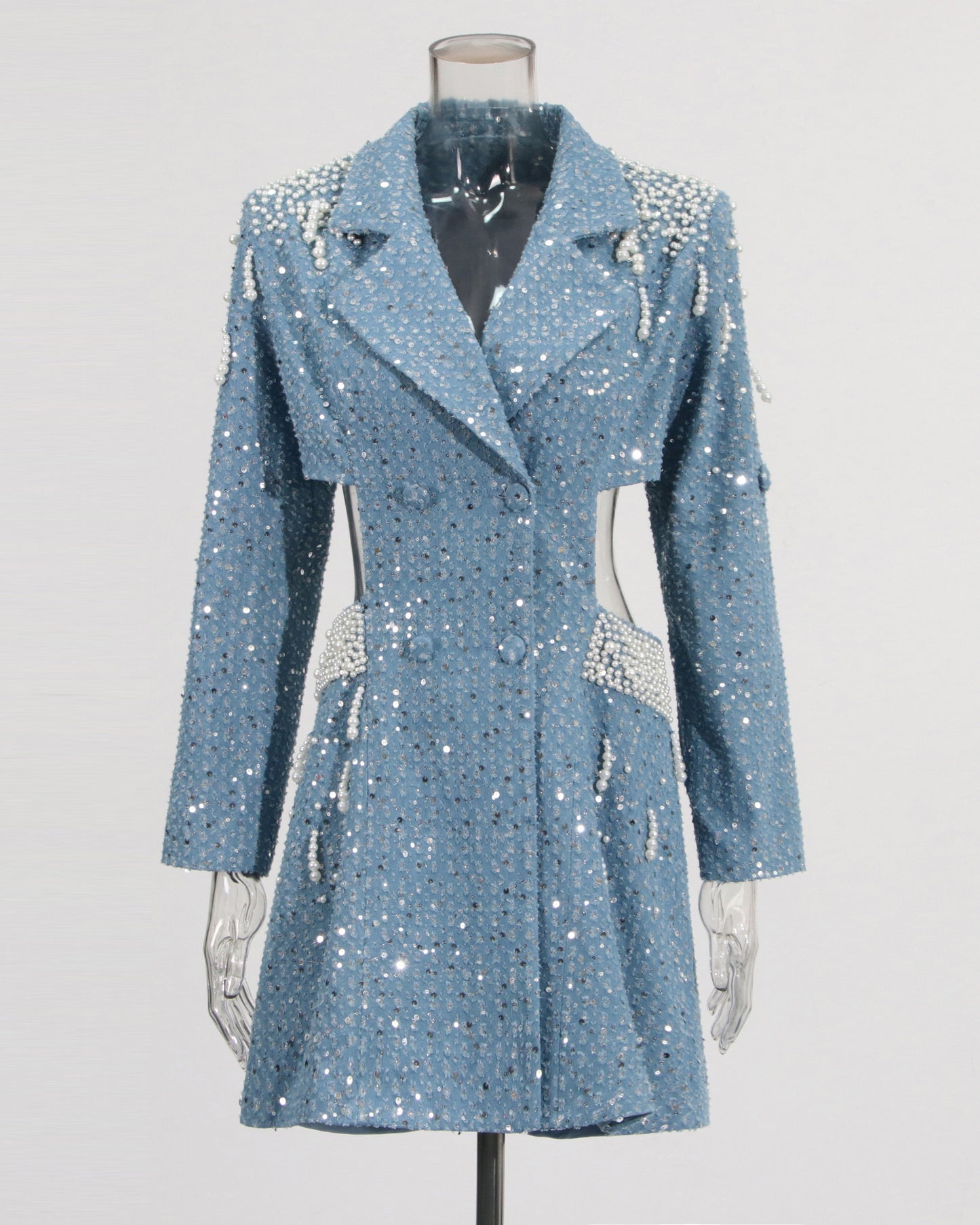 Blue Sequin & Pearl Cutout Blazer Dress
