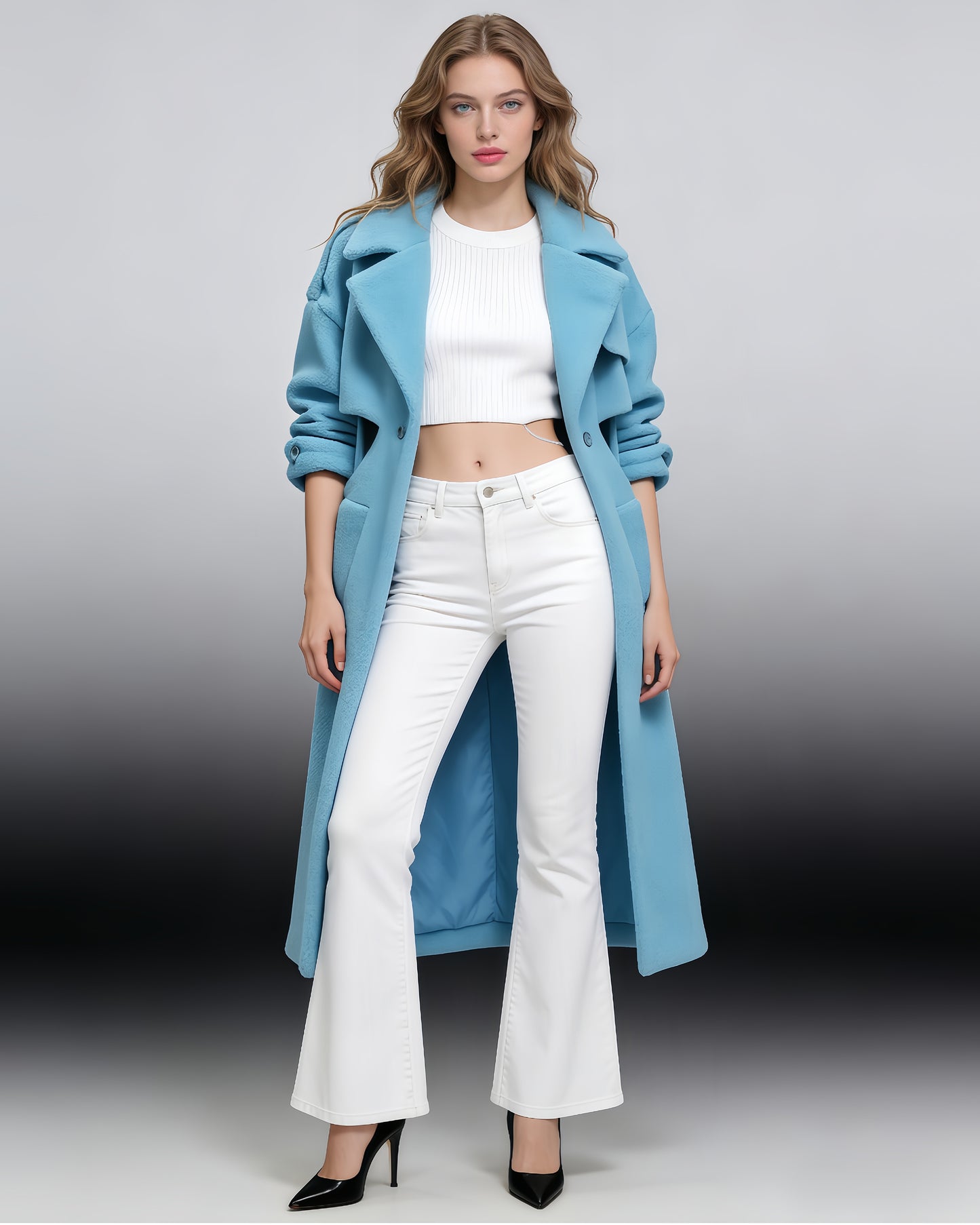 Blue Shearling Coat with Cutout Waist