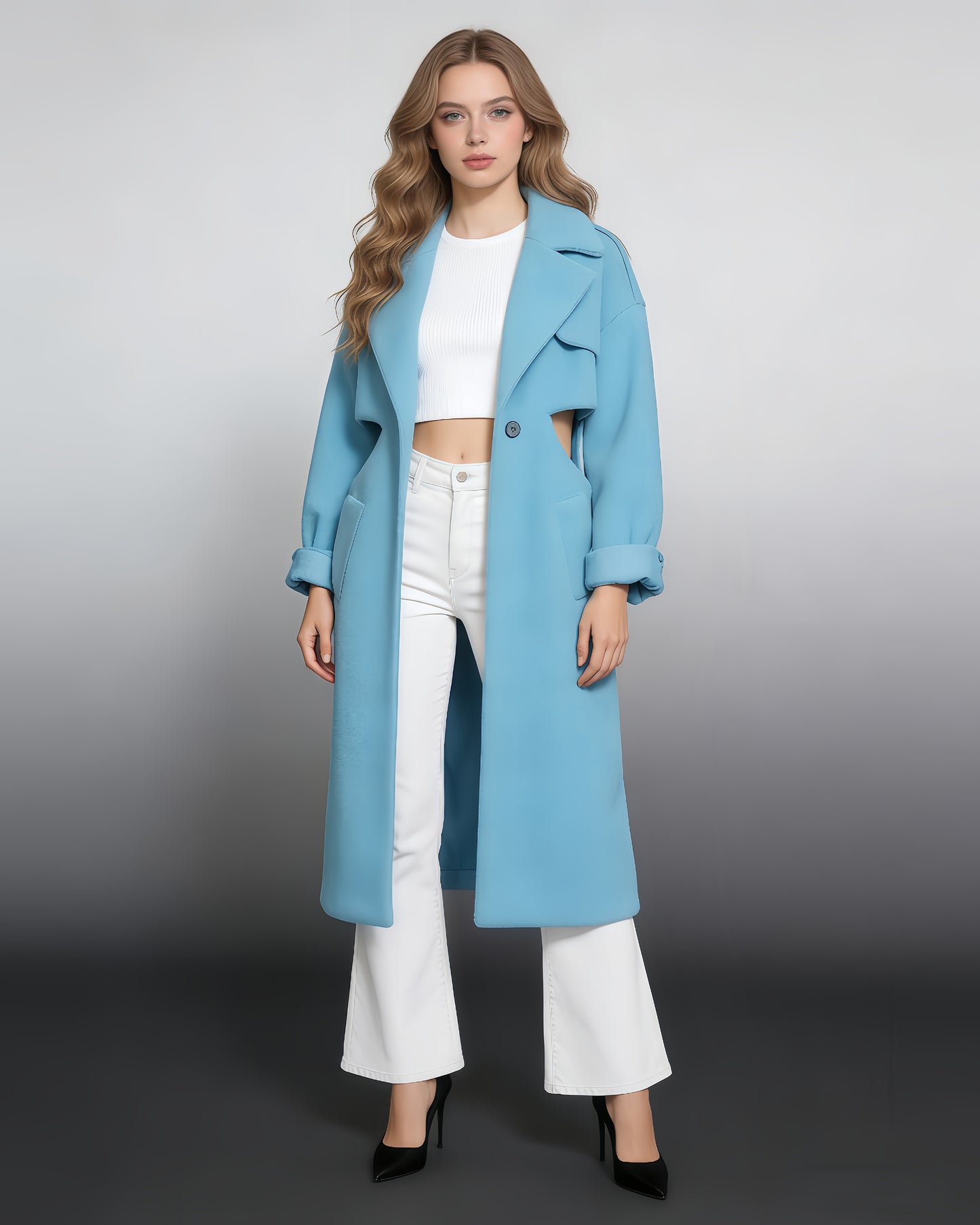 Blue Shearling Coat with Cutout Waist