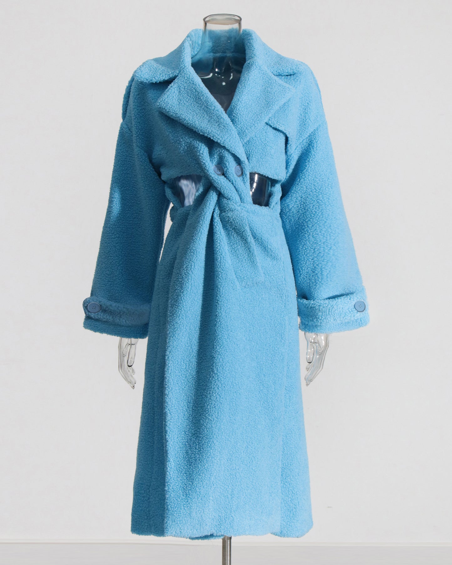 Blue Shearling Coat with Cutout Waist