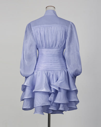 Blue Shimmer Puff Sleeve Ruffled Mini Dress