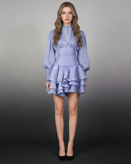 Blue Shimmer Puff Sleeve Ruffled Mini Dress