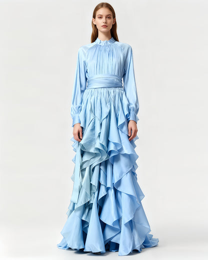 Blue Shiny Ruffled Maxi Dress with High Neck & Tie Cuffs