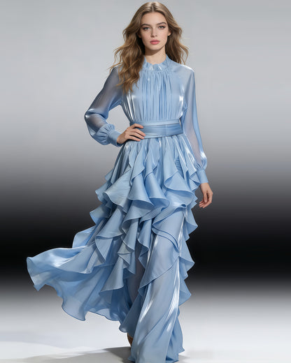 Blue Shiny Ruffled Maxi Dress with High Neck & Tie Cuffs