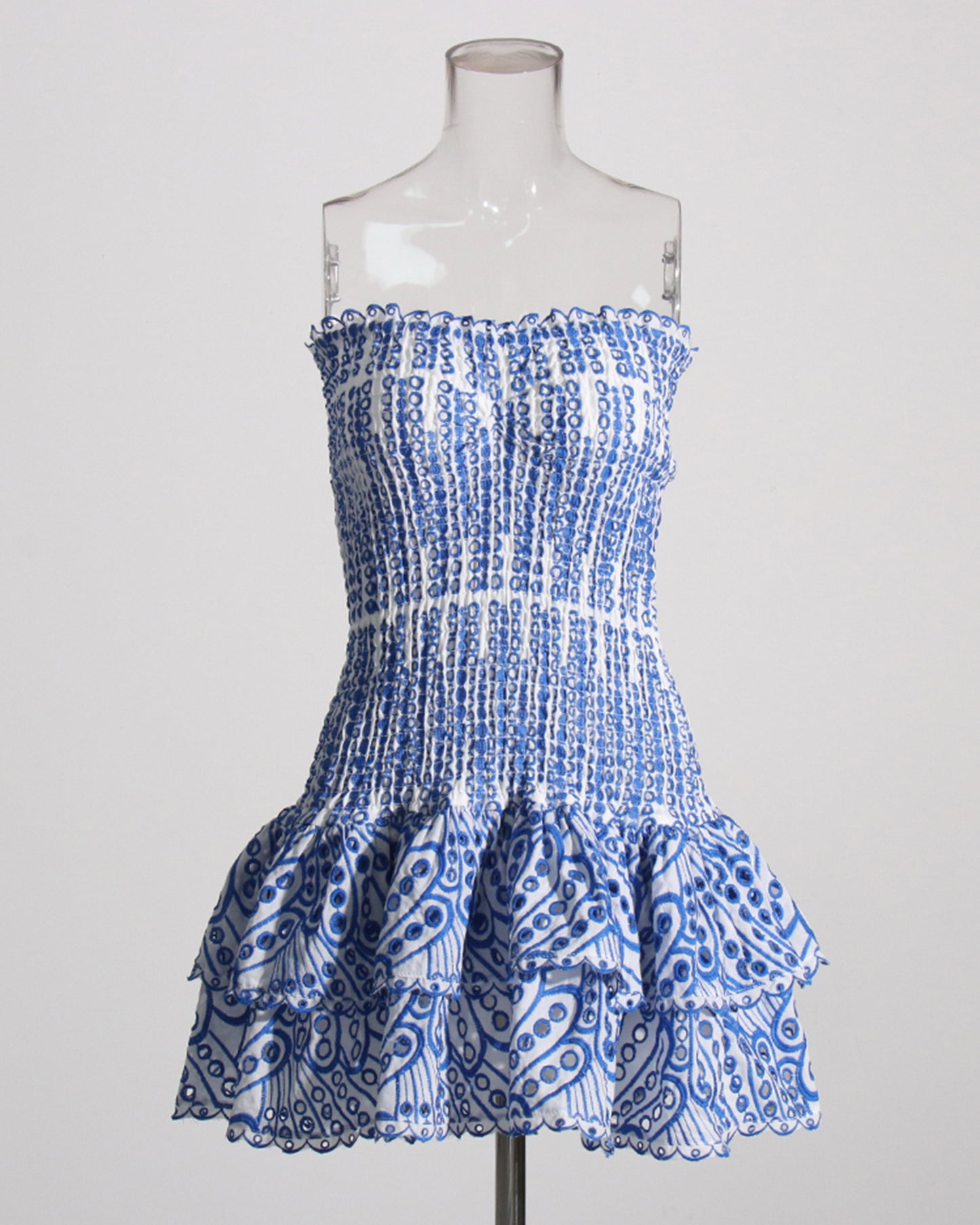 Blue Smocked Strapless Mini Dress with Tiered Ruffles