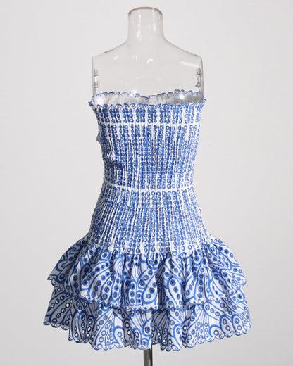 Blue Smocked Strapless Mini Dress with Tiered Ruffles