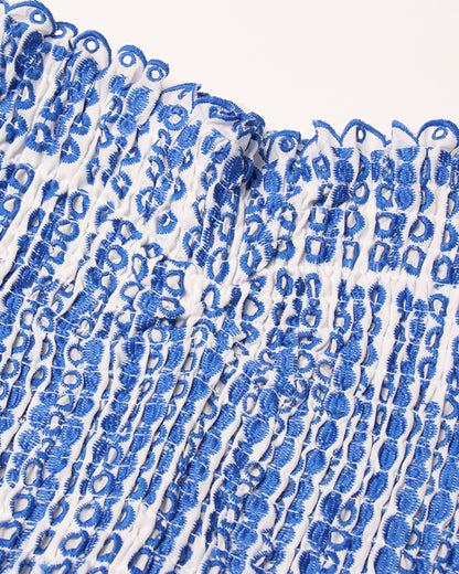 Blue Smocked Strapless Mini Dress with Tiered Ruffles