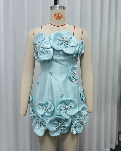 Blue Strapless Patchwork Flower Tunic Mini Dress