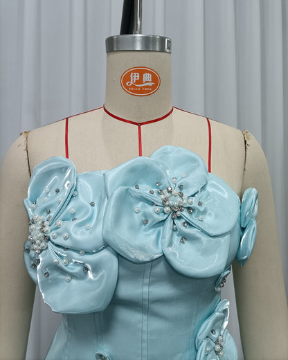 Blue Strapless Patchwork Flower Tunic Mini Dress