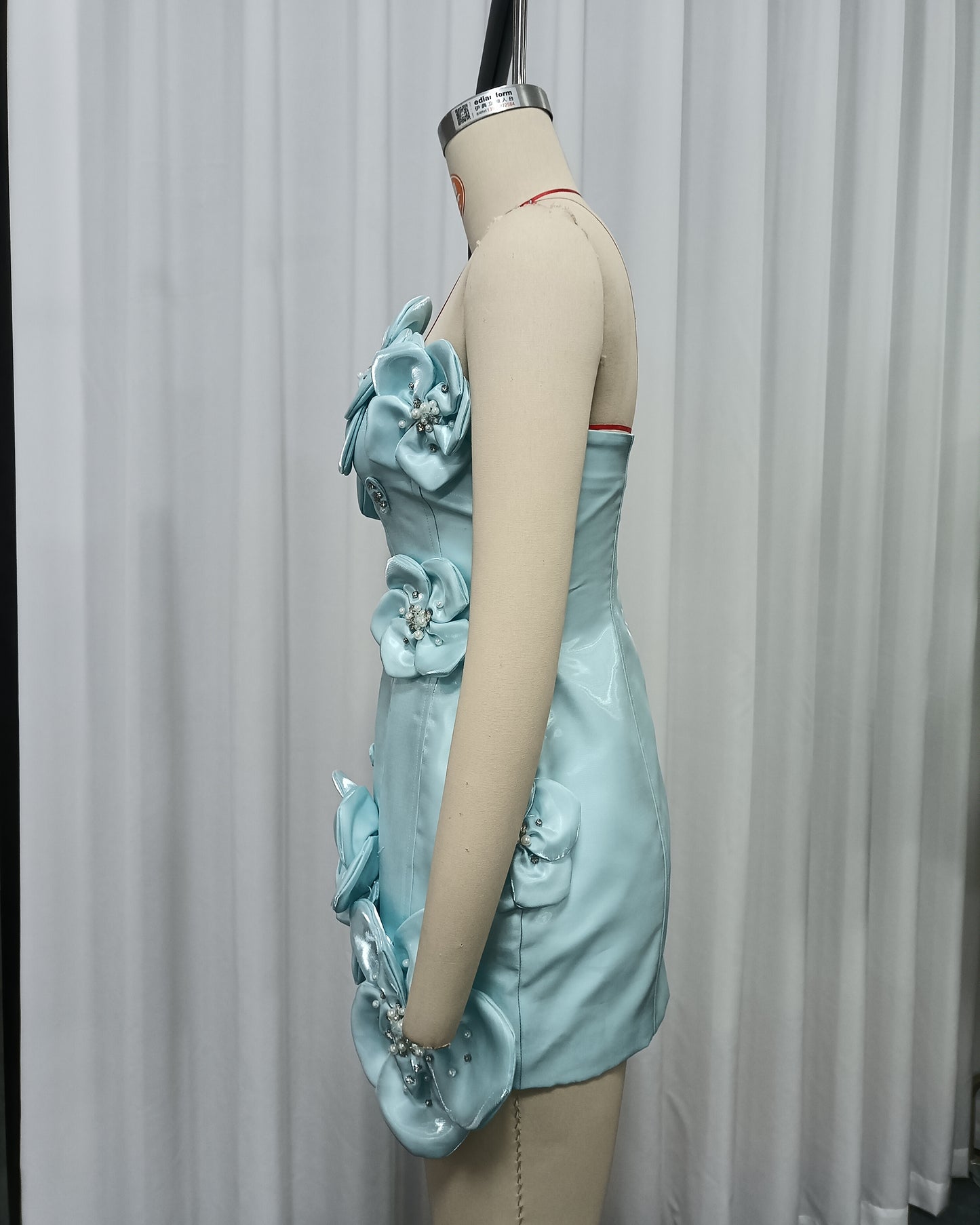 Blue Strapless Patchwork Flower Tunic Mini Dress