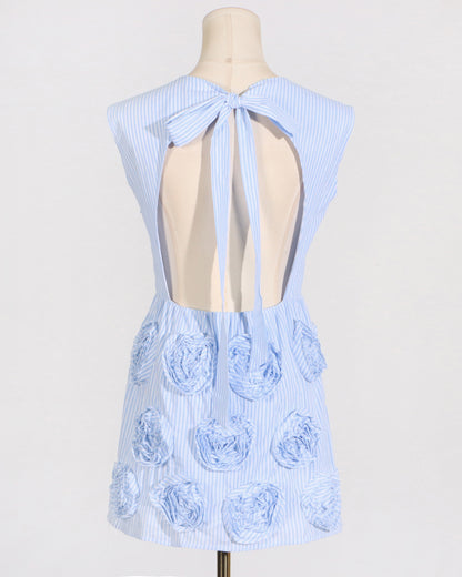Blue Stripe 3D Floral Mini Dress