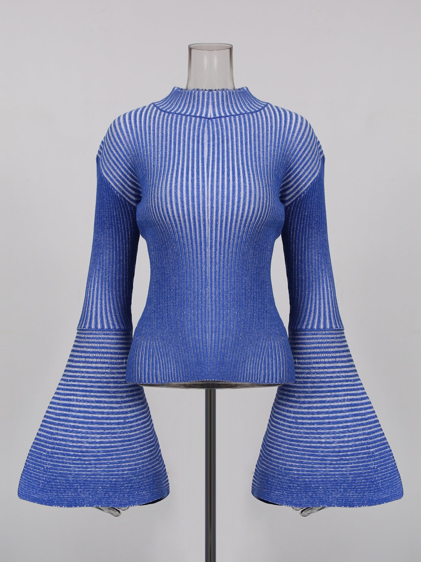 Blue Striped Knit Sweater with Bell Sleeve Detail