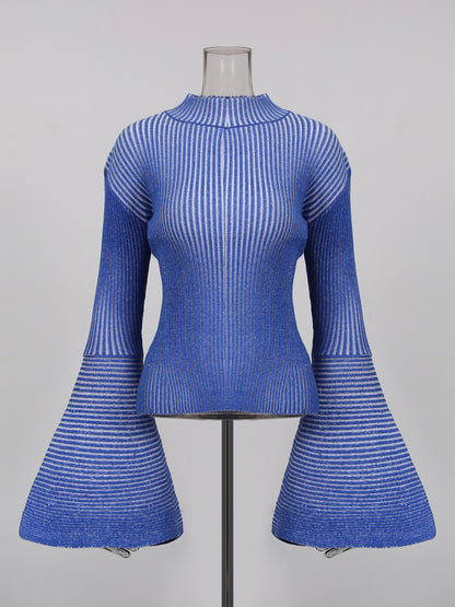 Blue Striped Knit Sweater with Bell Sleeve Detail