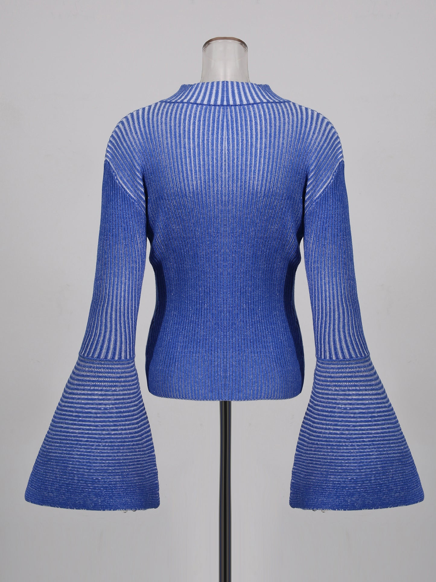 Blue Striped Knit Sweater with Bell Sleeve Detail