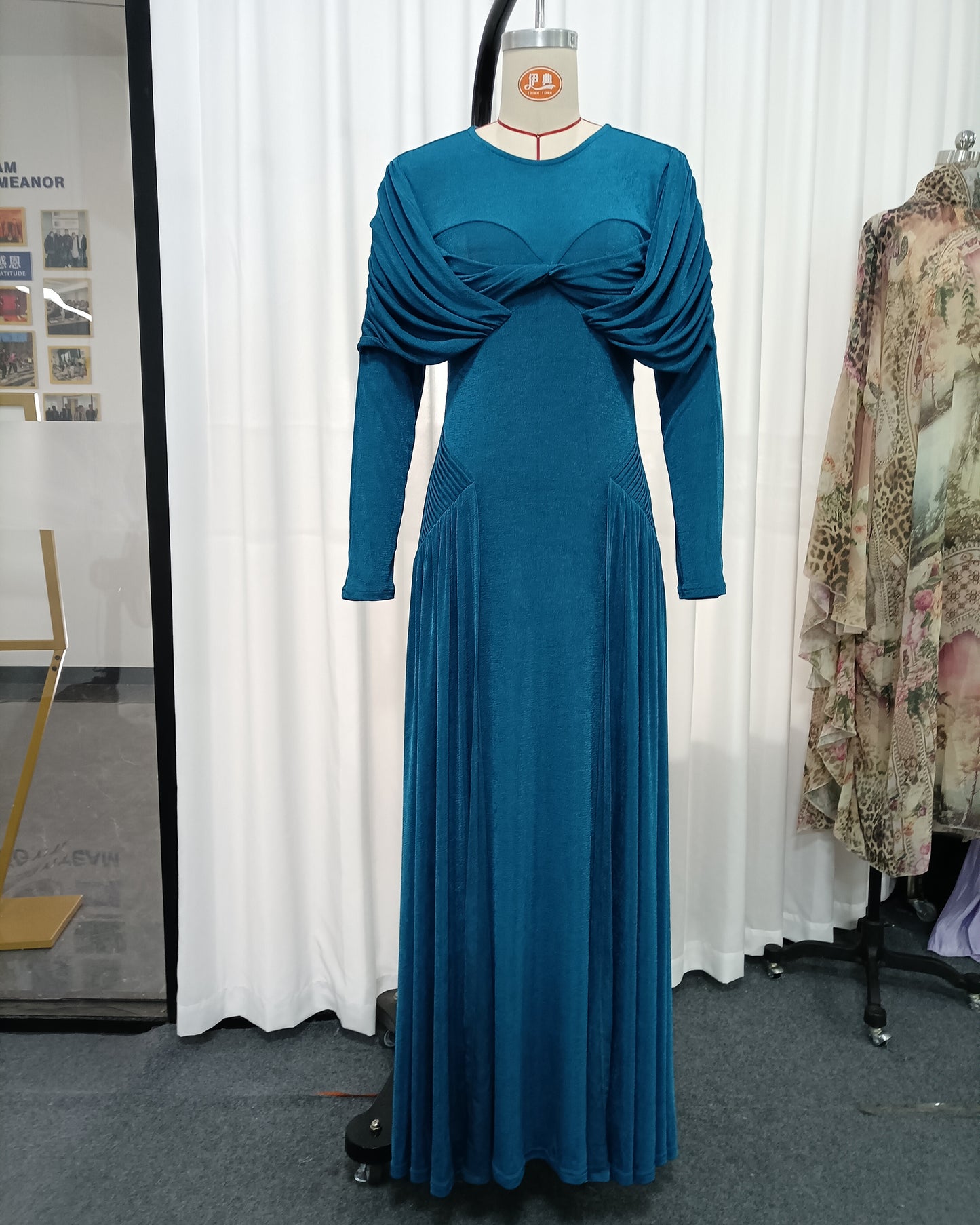 Blue Twist Ruched Long Sleeve Maxi Dress