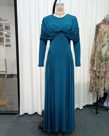 Blue Twist Ruched Long Sleeve Maxi Dress