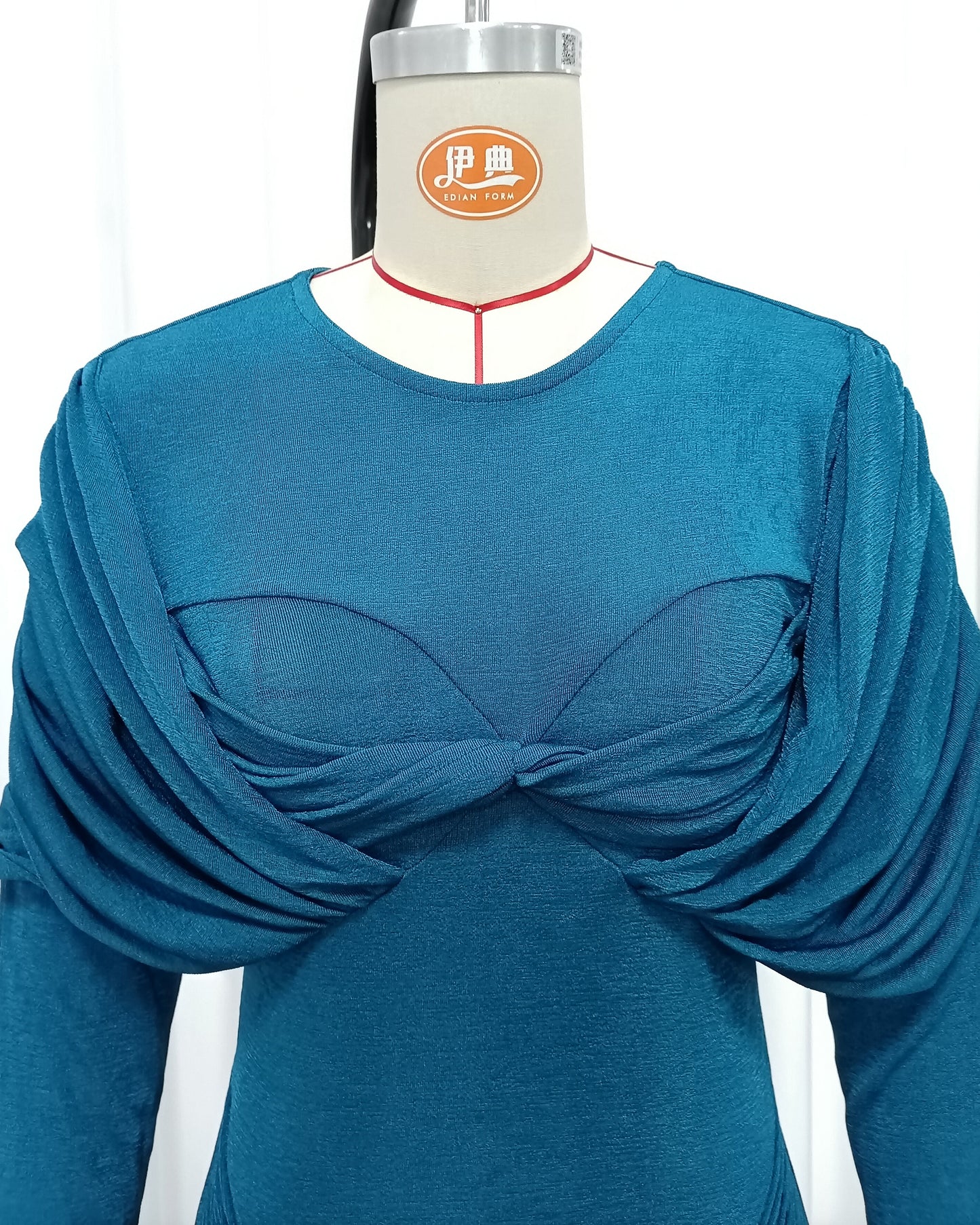 Blue Twist Ruched Long Sleeve Maxi Dress