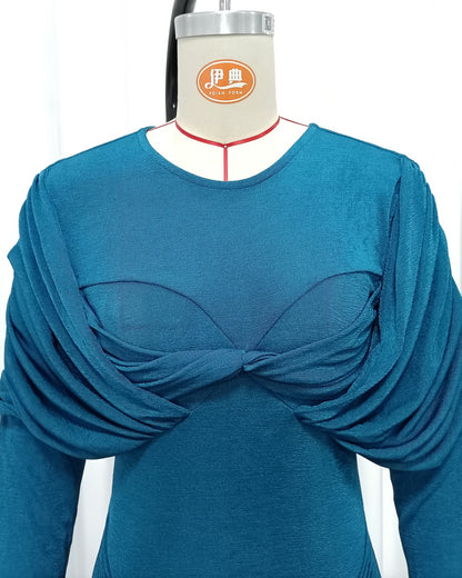 Blue Twist Ruched Long Sleeve Maxi Dress