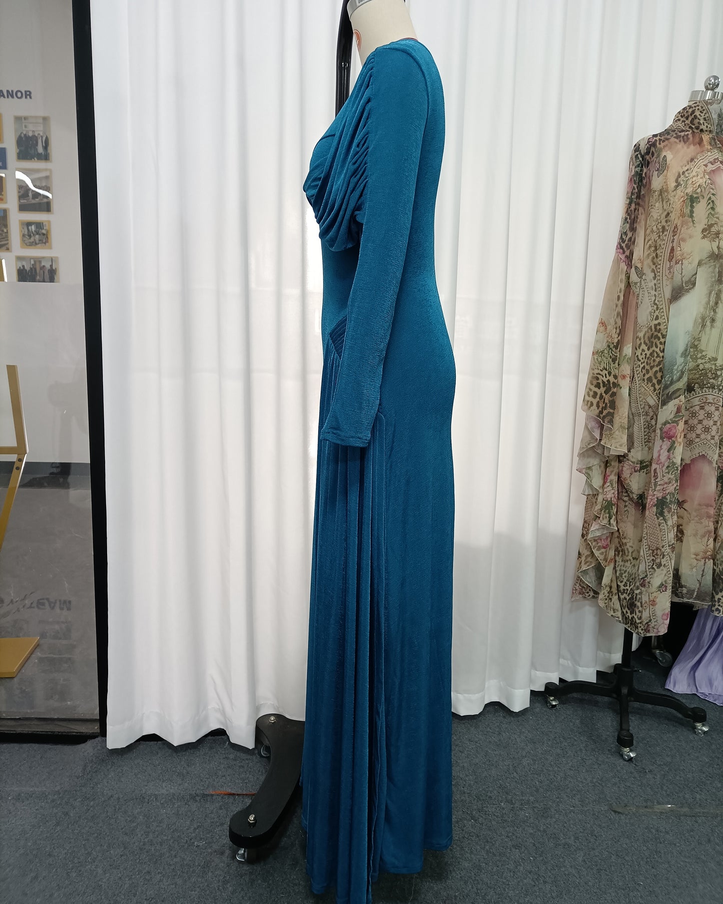 Blue Twist Ruched Long Sleeve Maxi Dress