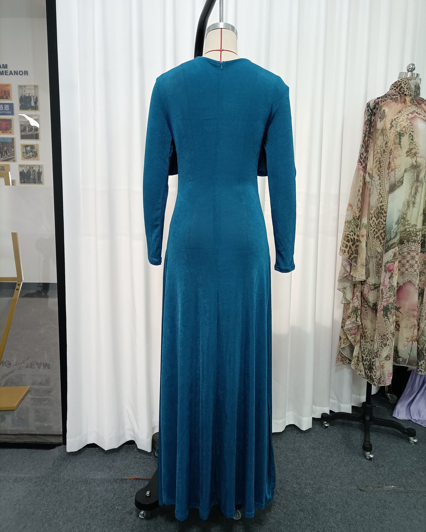 Blue Twist Ruched Long Sleeve Maxi Dress