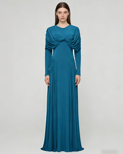 Blue Twist Ruched Long Sleeve Maxi Dress