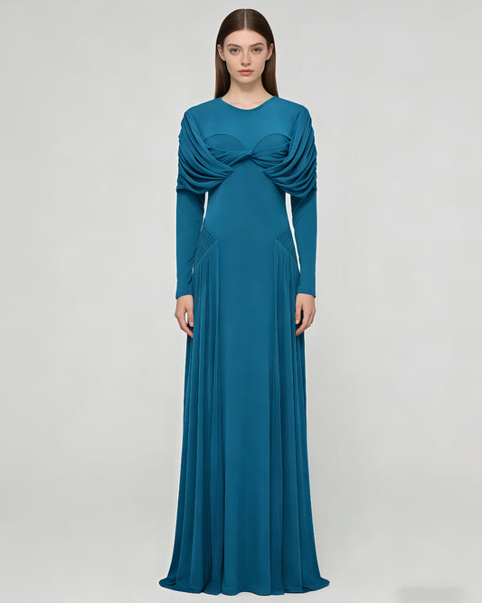 Blue Twist Ruched Long Sleeve Maxi Dress