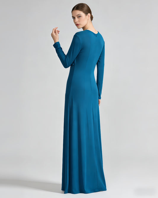 Blue Twist Ruched Long Sleeve Maxi Dress