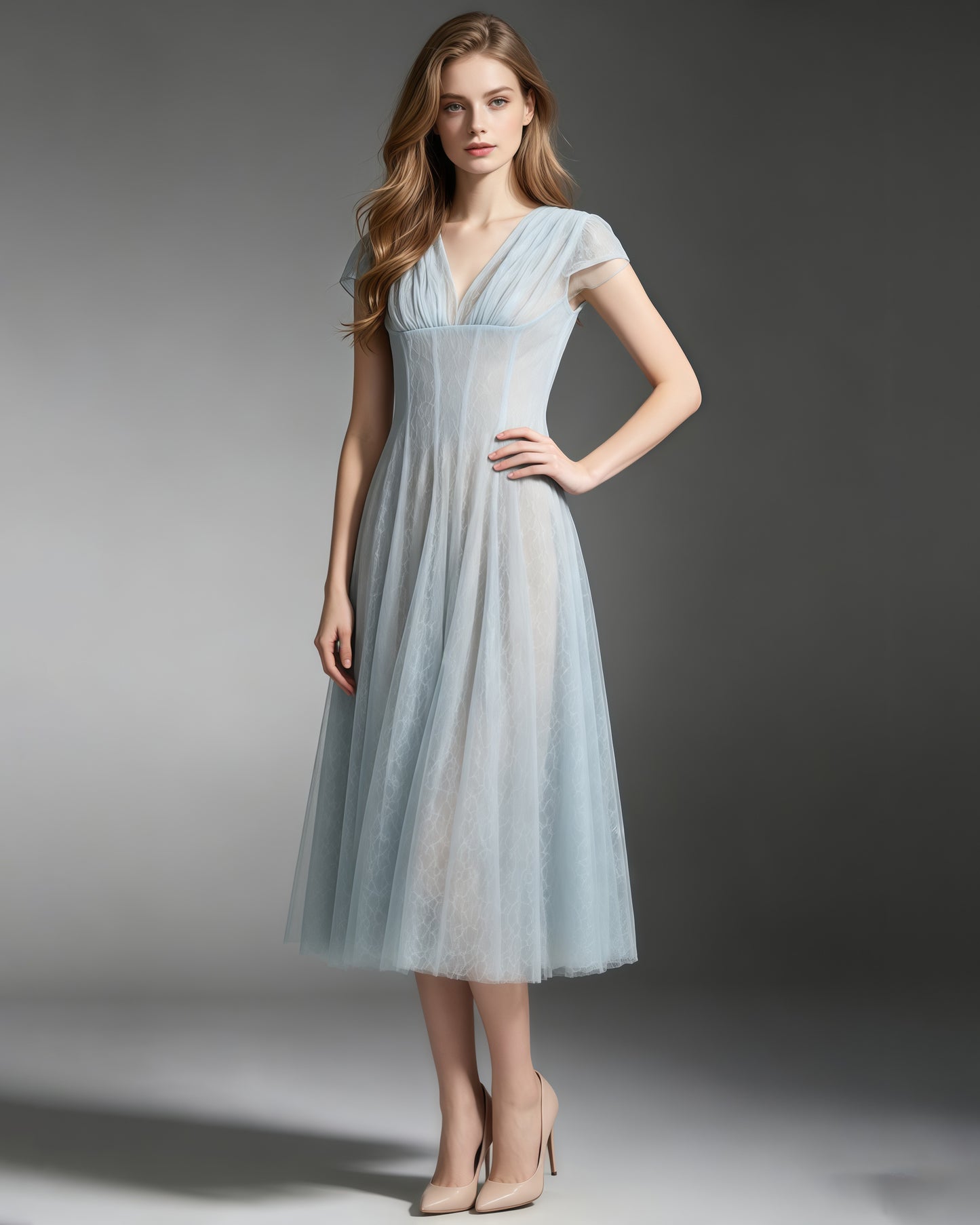 Blue V‑Neck Short Sleeve Mesh Lace Midi Dress