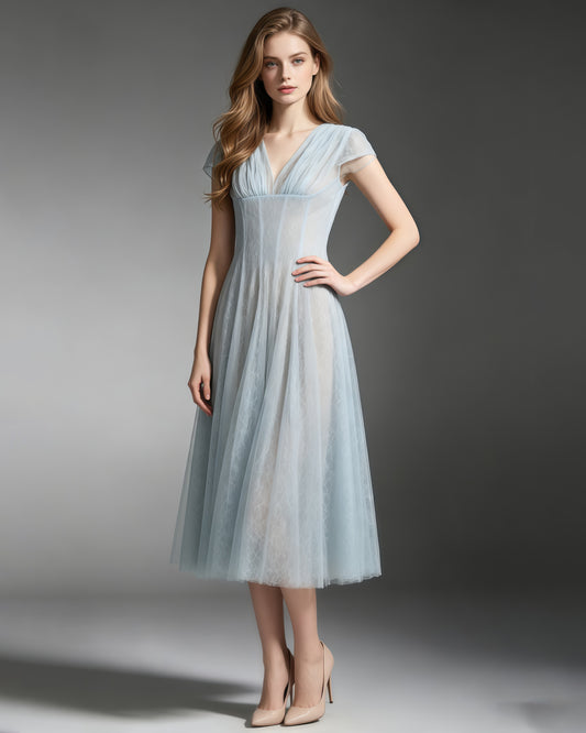 Blue V‑Neck Short Sleeve Mesh Lace Midi Dress