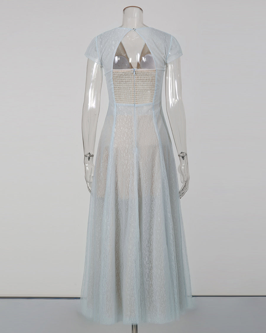 Blue V‑Neck Short Sleeve Mesh Lace Midi Dress