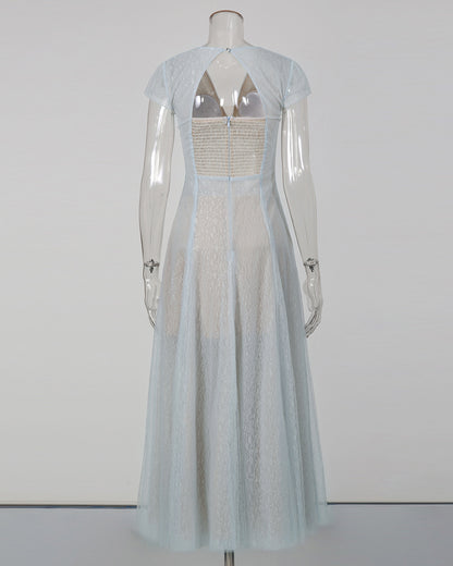Blue V‑Neck Short Sleeve Mesh Lace Midi Dress