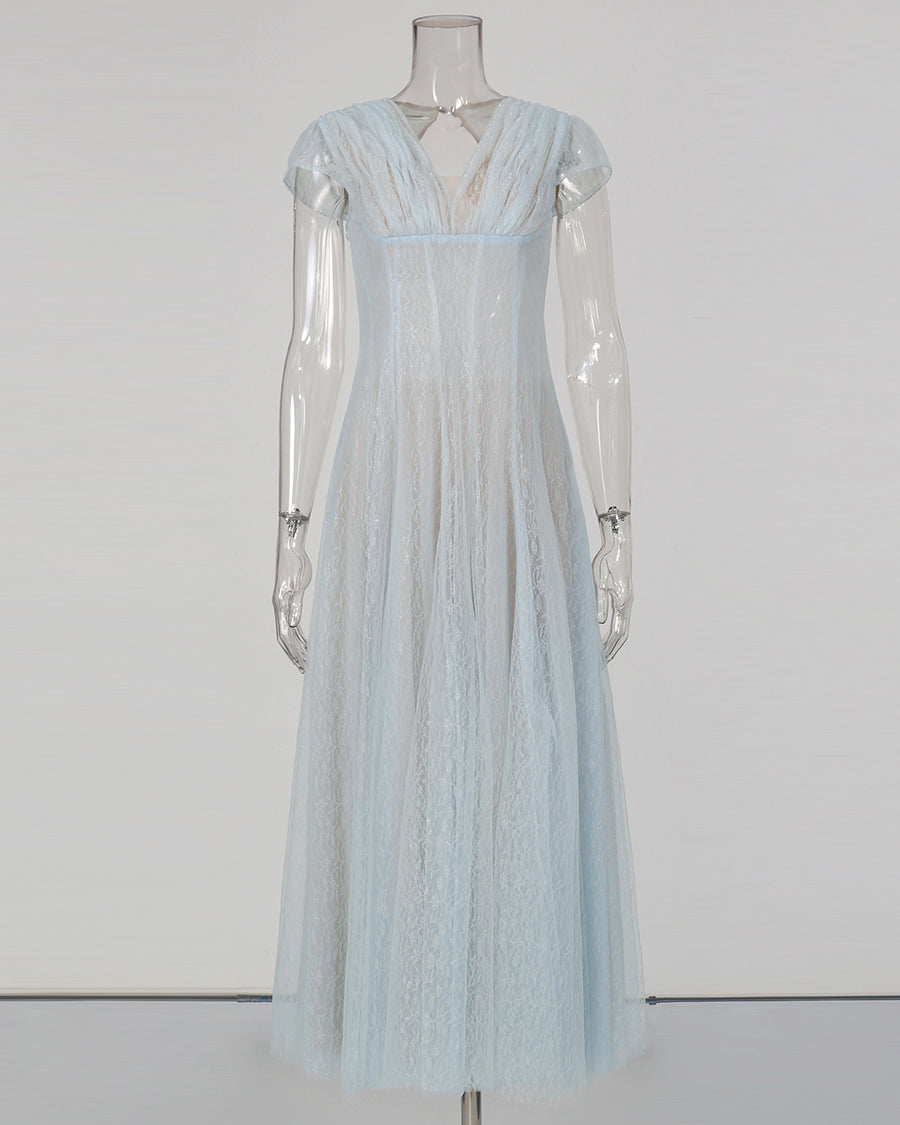 Blue V‑Neck Short Sleeve Mesh Lace Midi Dress