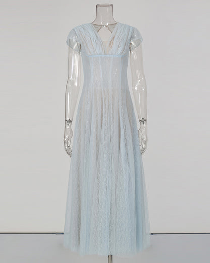 Blue V‑Neck Short Sleeve Mesh Lace Midi Dress