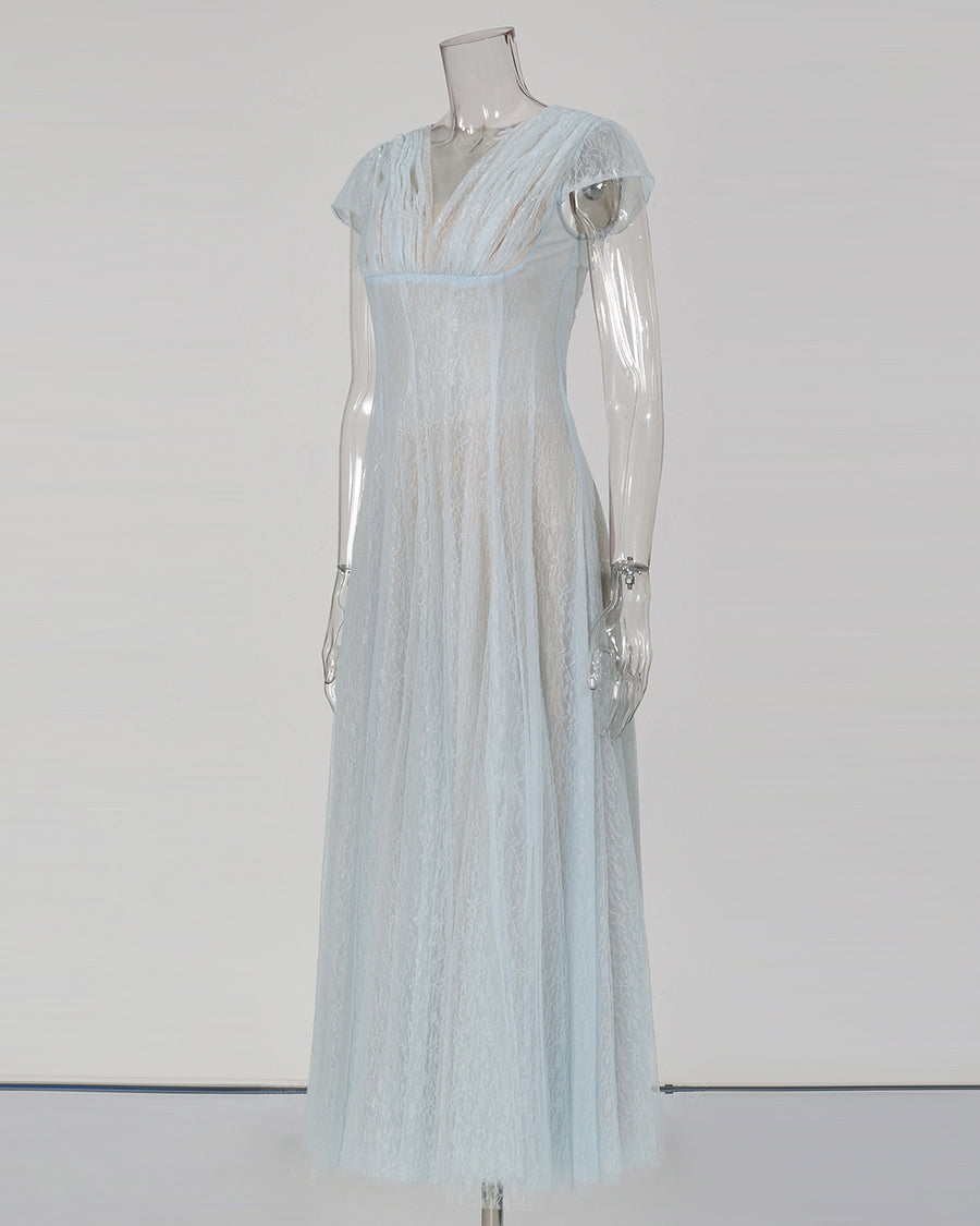 Blue V‑Neck Short Sleeve Mesh Lace Midi Dress