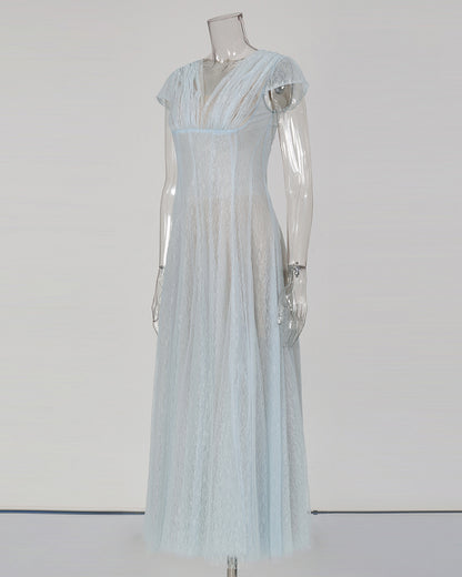 Blue V‑Neck Short Sleeve Mesh Lace Midi Dress