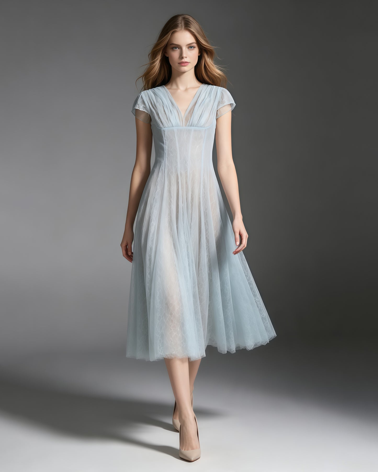 Blue V‑Neck Short Sleeve Mesh Lace Midi Dress