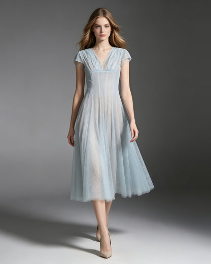 Blue V‑Neck Short Sleeve Mesh Lace Midi Dress