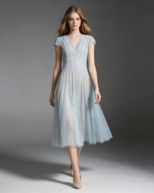 Blue V‑Neck Short Sleeve Mesh Lace Midi Dress