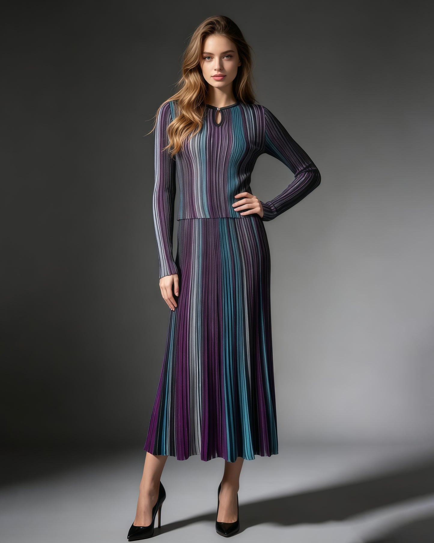 Blue Vertical Stripe Long Sleeve Top Midi Skirt Set