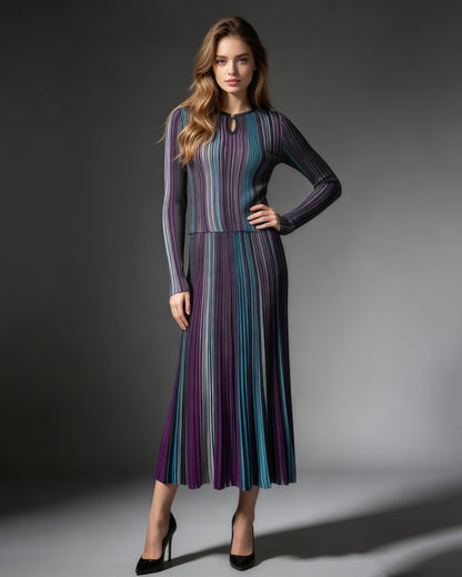 Blue Vertical Stripe Long Sleeve Top Midi Skirt Set