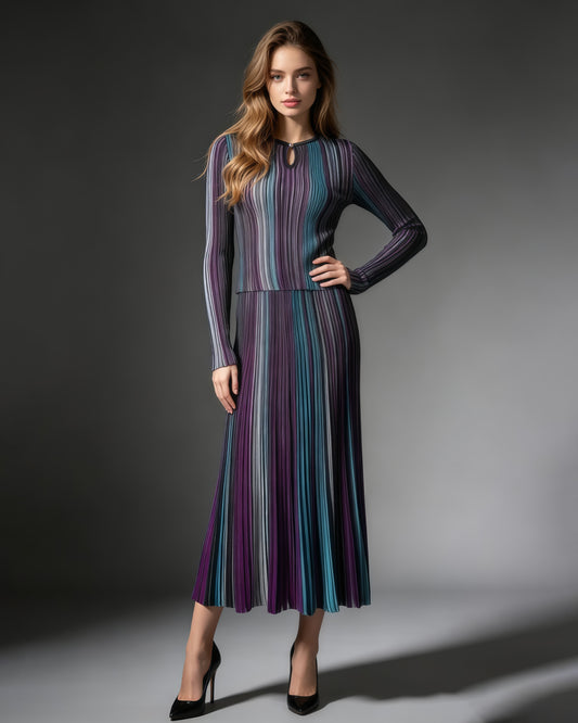 Blue Vertical Stripe Long Sleeve Top Midi Skirt Set