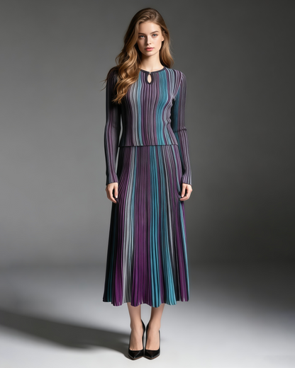 Blue Vertical Stripe Long Sleeve Top Midi Skirt Set